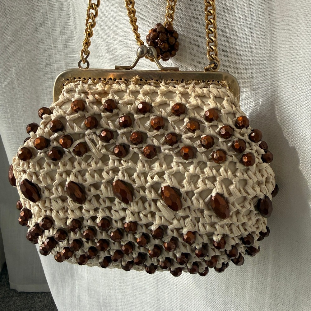 Vintage‎ Beaded Clutch Bag Raffia Crochet Chain Strap Made in Italy Evening Bag - Picture 2 of 10